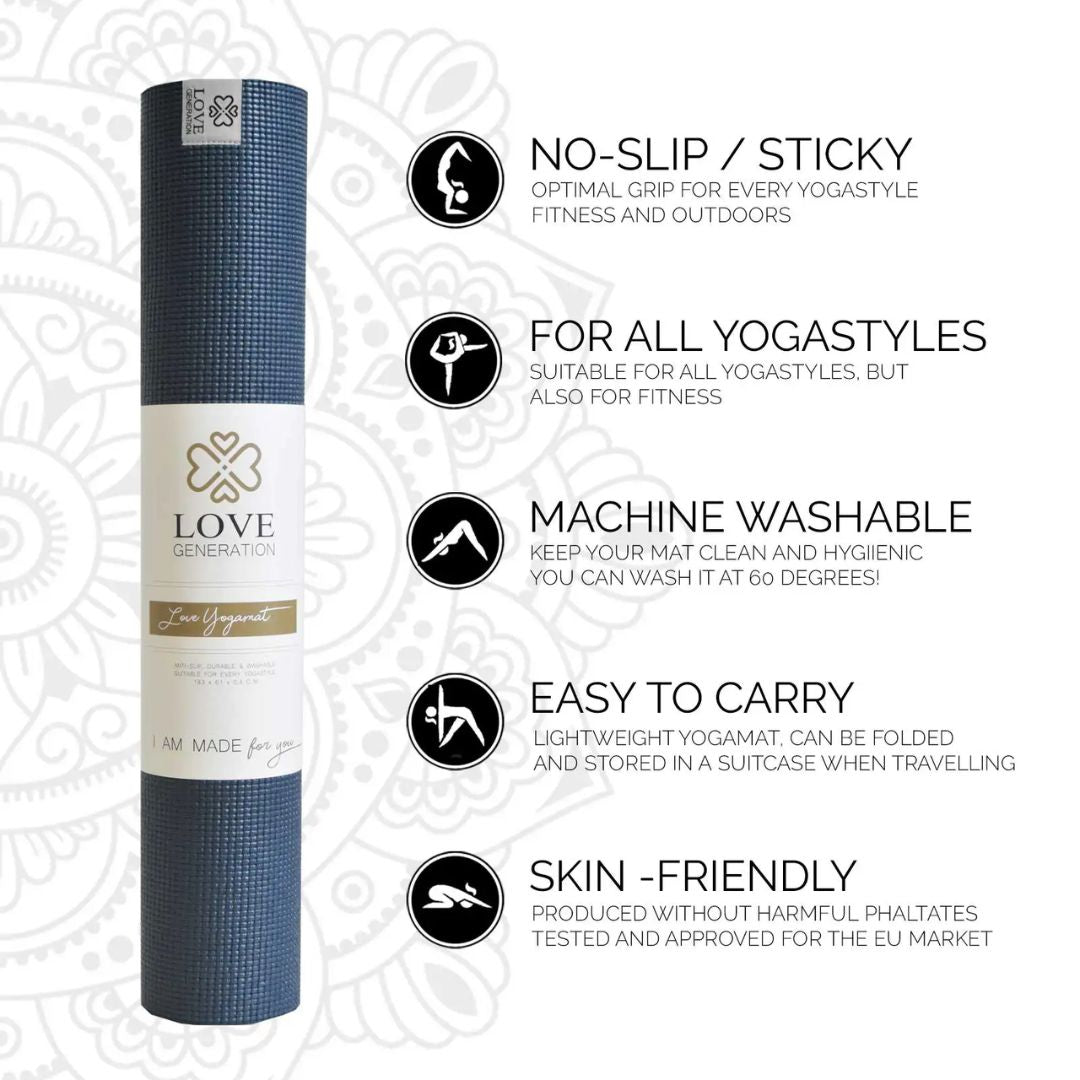 Love Yoga Mat Anti-slip - Donkerblauw | Comfortabel & Duurzaam voor Yoga & Wellness