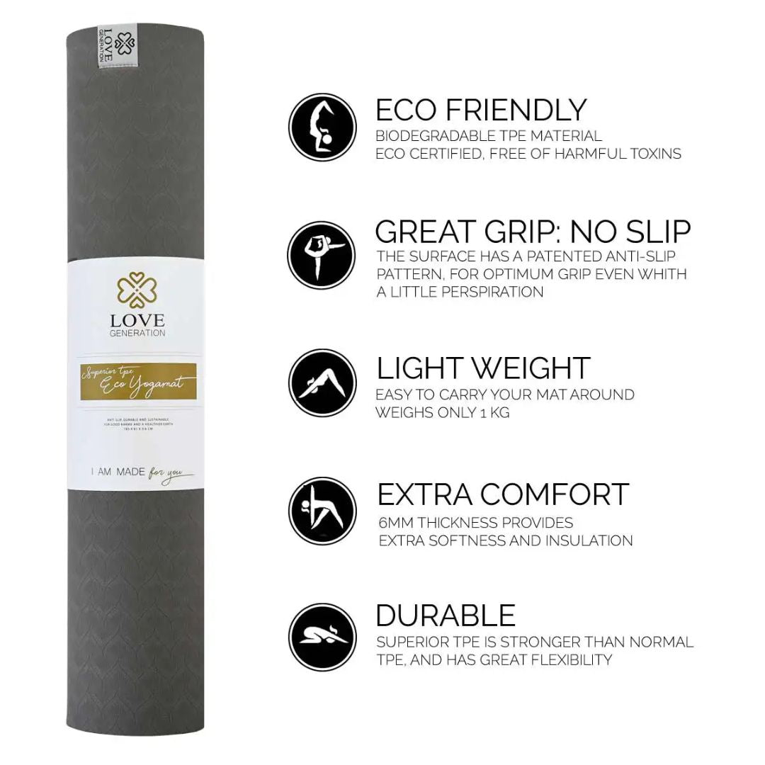 Eco Yogamat | 6mm TPE Glorious Grey | Milieuvriendelijk & Antislip voor Yoga