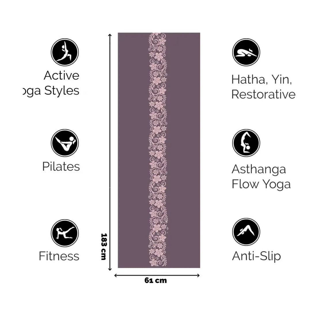 Floral Flow Yogamat Paars met Roze Print - Extra Dik 6mm | Beste Keuze voor Comfort & Grip