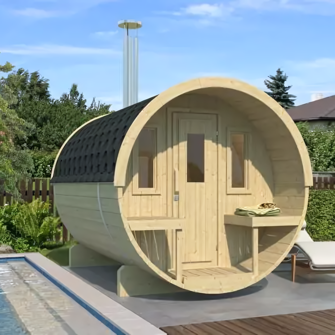 Barrelsauna | Buitensauna | Houtgestookt | 205 x 250 cm | Vurenhout