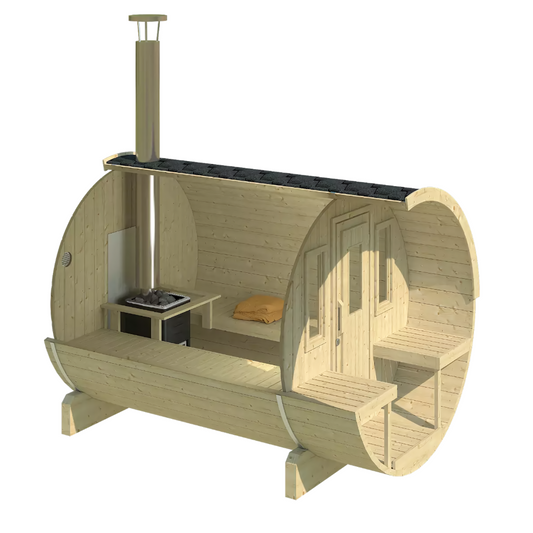 Barrelsauna | Buitensauna | Houtgestookt | 205 x 250 cm | Thermowood