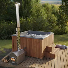 Luxe Hottub vierkant | 5-6 persoons | 189x189cm | met externe kachel en Fiberglas binnenbak