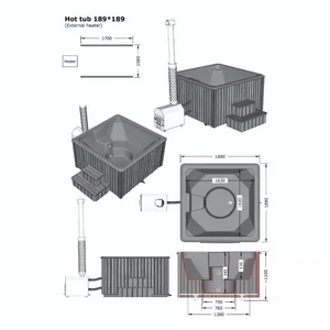 Luxe Hottub vierkant | 5-6 persoons | 189x189cm | met externe kachel en Fiberglas binnenbak